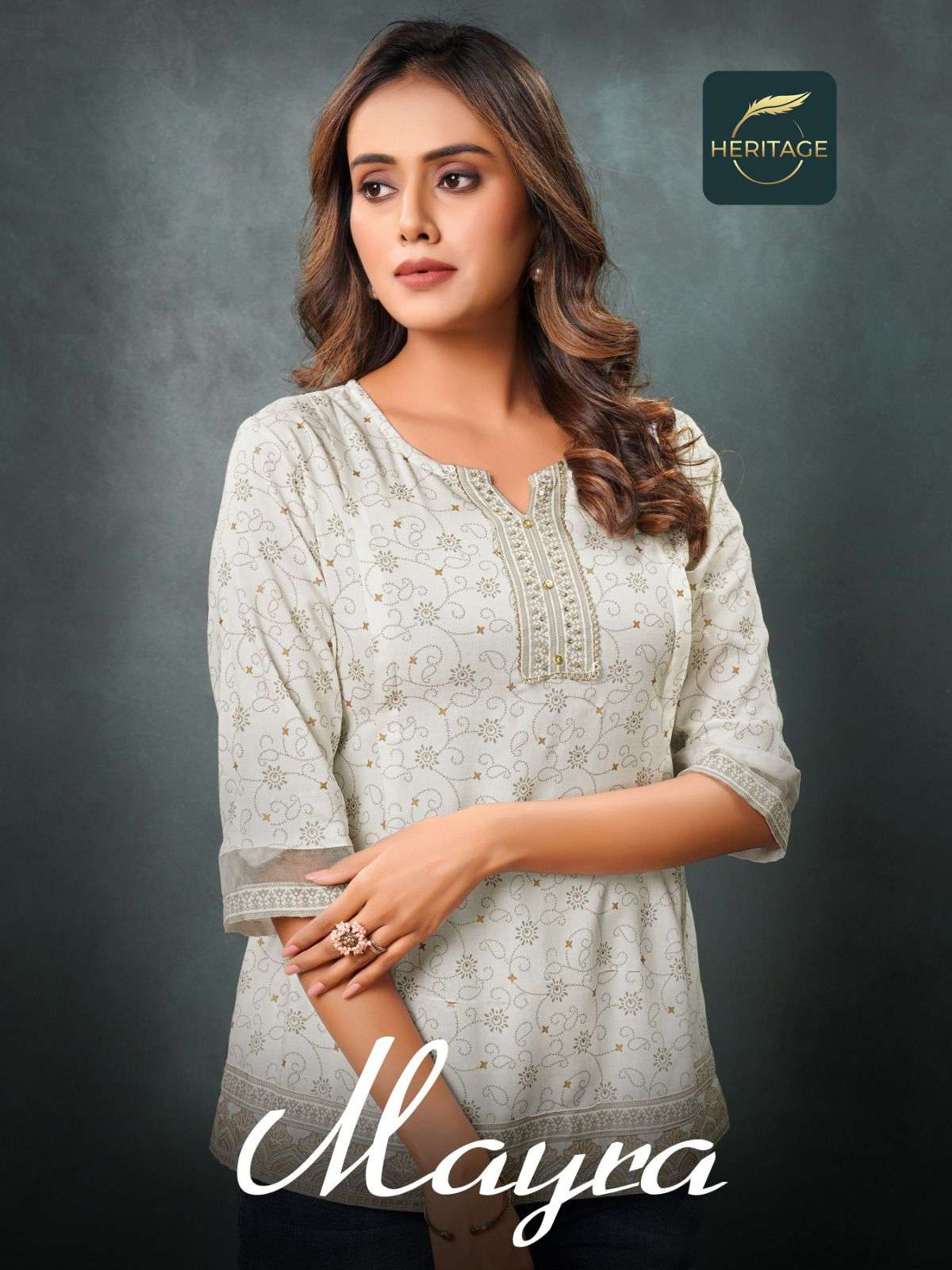 MAYRA RAYON SLUB DESIGNER SHORT KURTAS WITH STYLISH PRINTS ANDHANDWORK BY HARITAGE BRAND POSTER